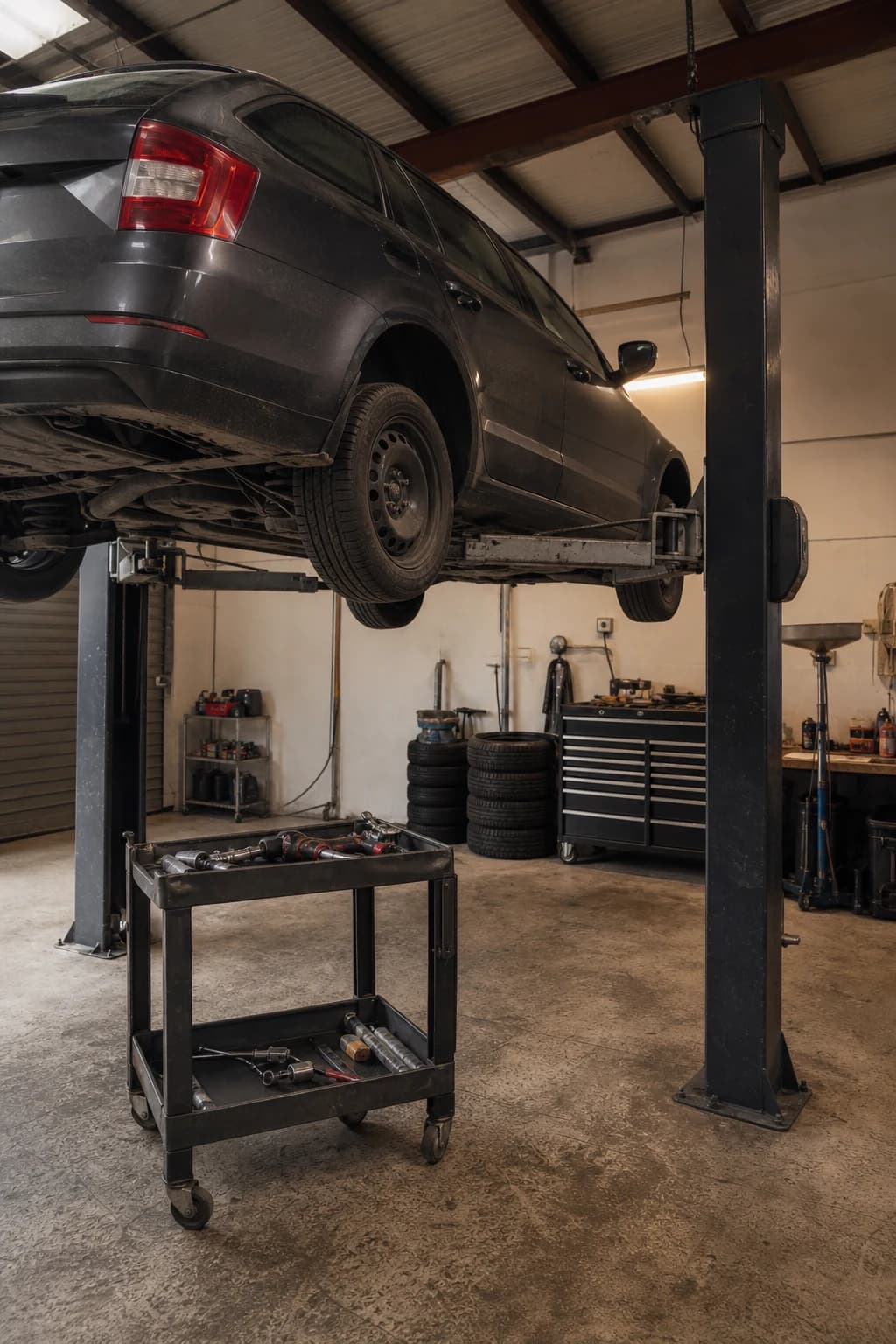An everyday vehicle raised on a workshop hoist